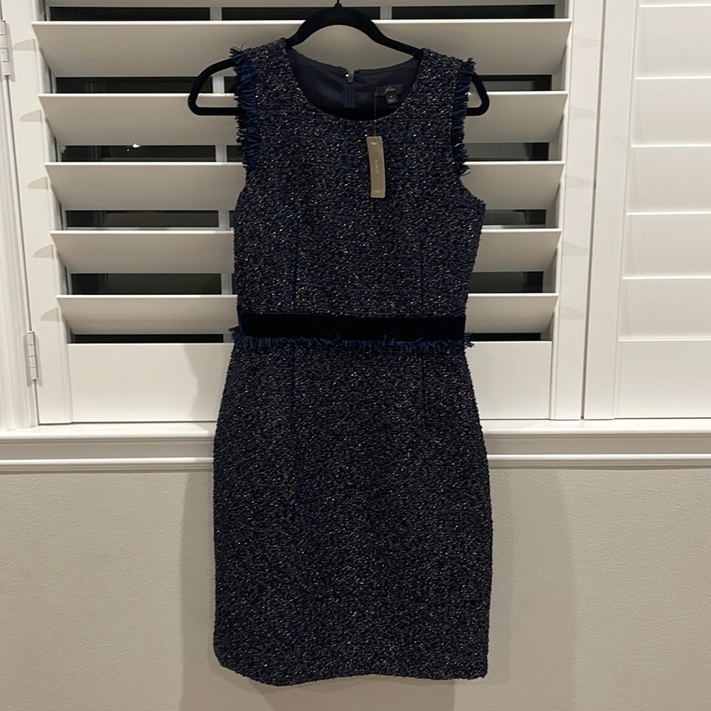 J Crew Navy Blue Tweed Velvet Sleeveless Dress Small 4 holiday